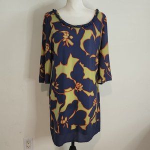 LOFT by Ann Taylor Blue Green Floral Mini Round  Neck Mini Shirt Dress 4 T20